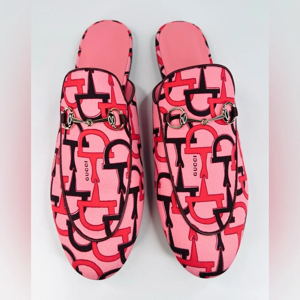 Gucci Princetown Horsebit Logo Print Pink Fabric Flat Loafer Mules Size EU 38.5 - Picture 12 of 12